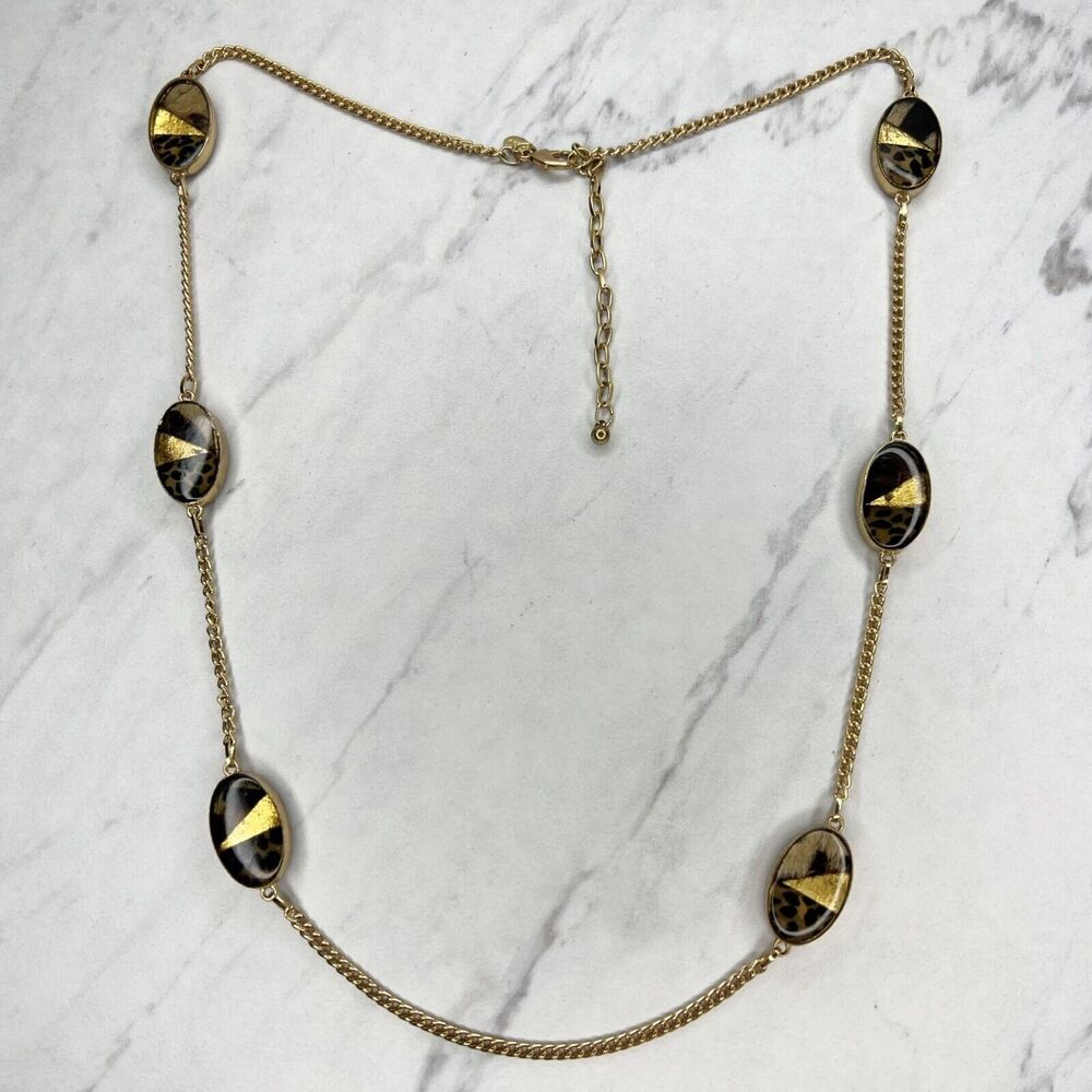Chicos Animal Print Station Gold Tone Chain Link Long Necklace ✨